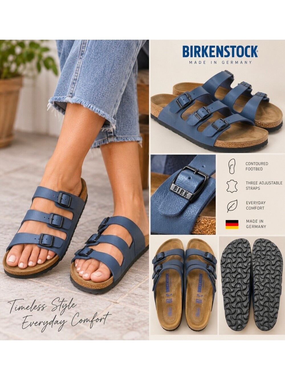 Birkenstock Florida Blue Triple Strap Sandal EU 37 US 6-6.5 Regular Made Germany